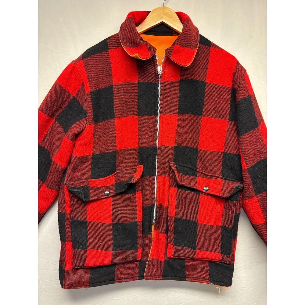 LL Bean Reversible Full Zip Jacket Mens Red Buffalo Plaid Wool Hunting‎ Vintage
